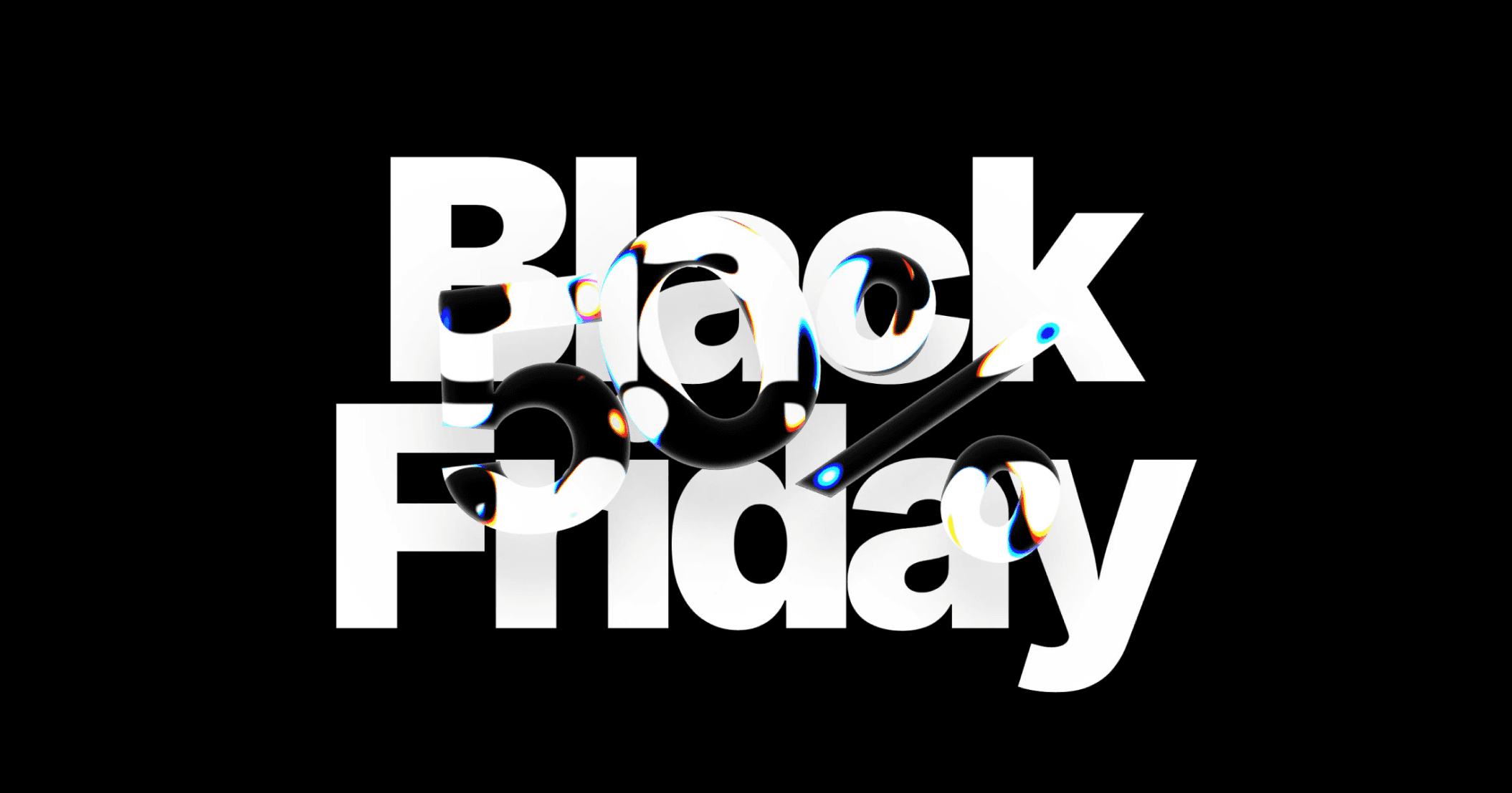 Bold white “Black Friday” text on a black background, overlaid with a glossy, abstract 3D “50%” symbol featuring reflective multicolor highlights.