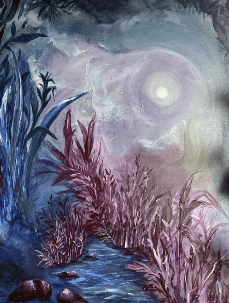 herd of sheep on road painting