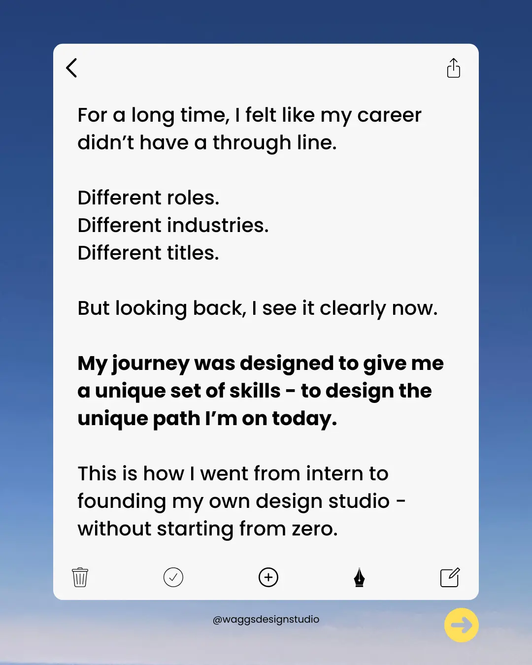 A motivational quote on a digital device screen against a blue gradient background, discussing career progression from various roles to founding a design studio, marked by text logos and minimalistic icons.