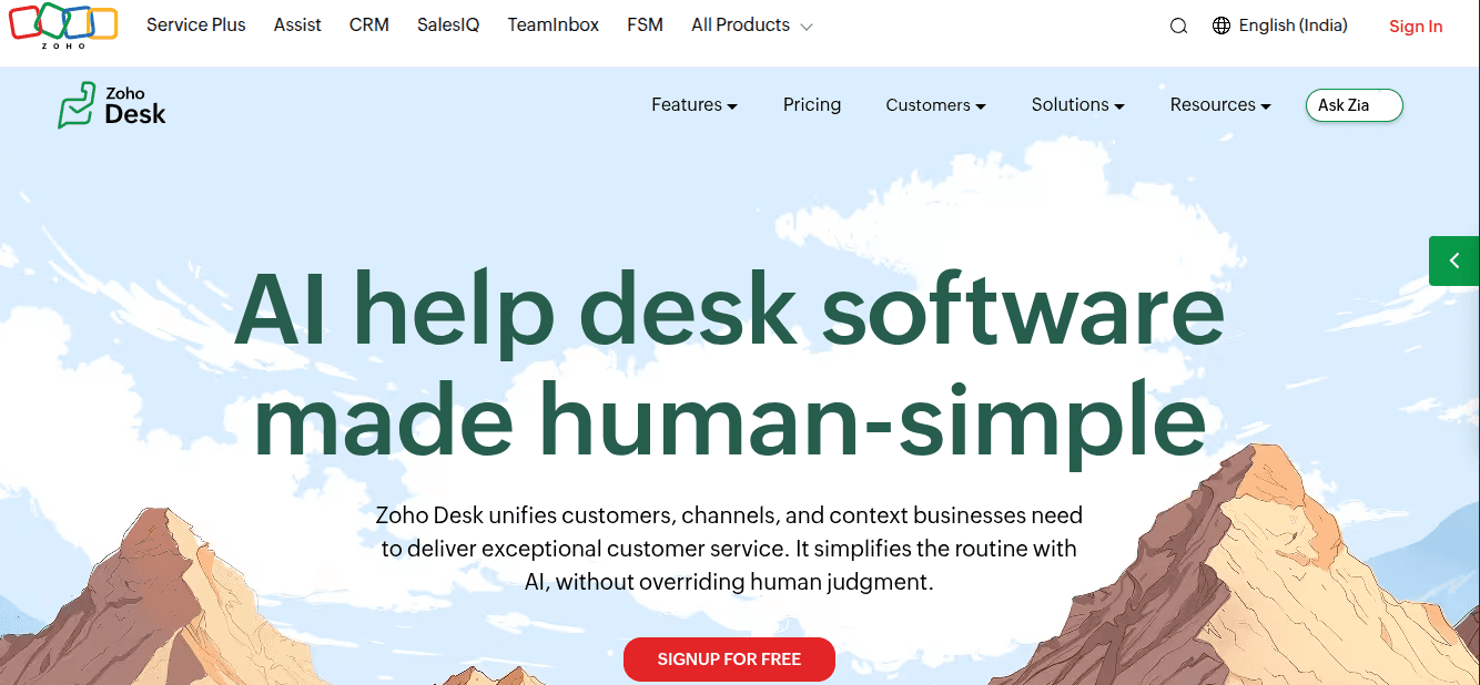 Zoho Desk homepage with headline 'AI help desk software made human-simple,' describing how it unifies customers, channels, and context with AI support.