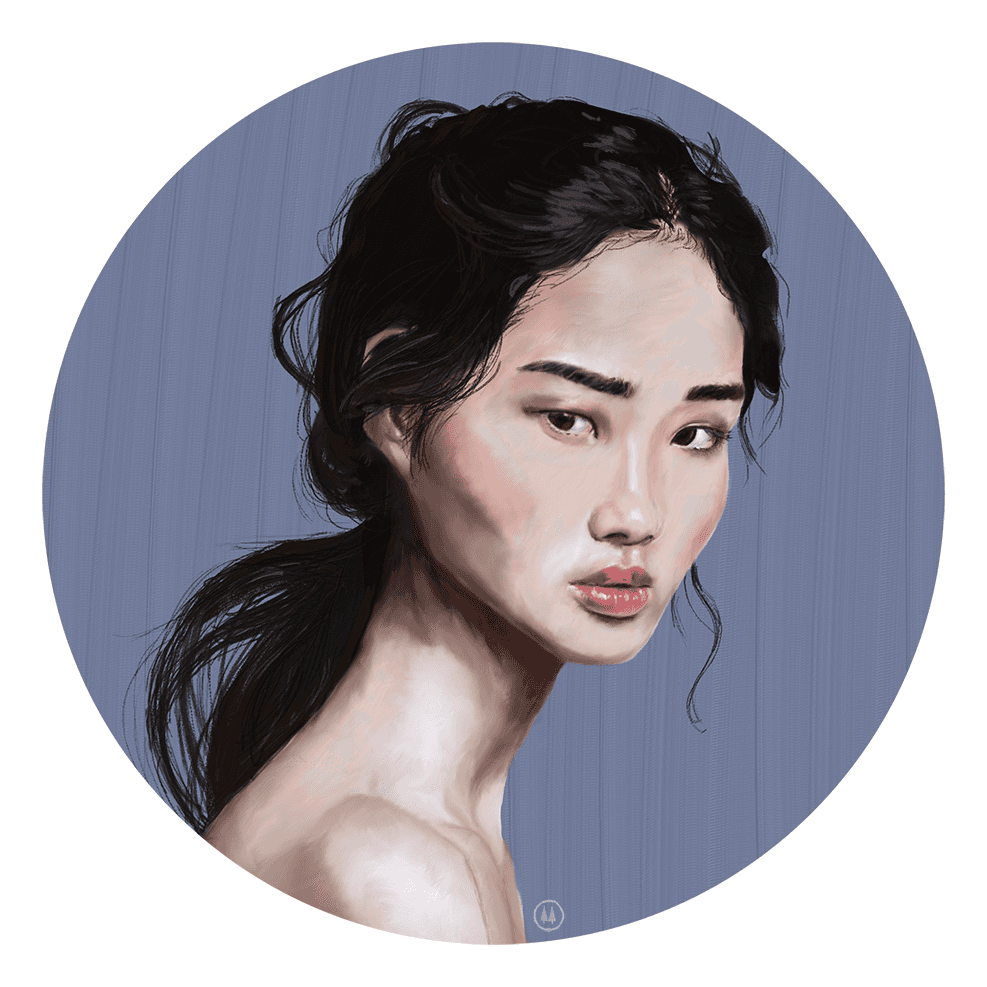 Digital painting of a 3/4 view young East Asian woman