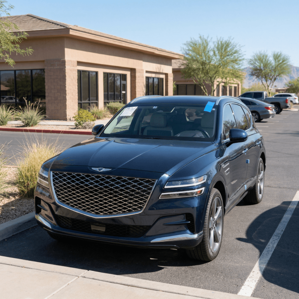 Dark blue Genesis GV80 outside a Somerton office building after a thorough windshield replacement