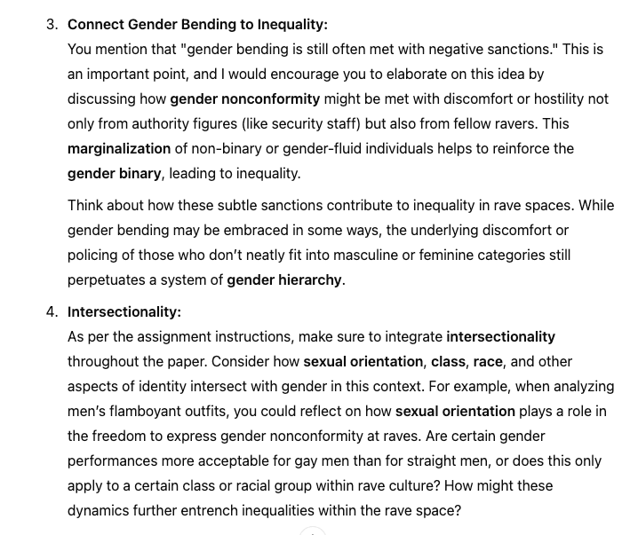 ChatGPT generating feedback that advances arguments about gender bending and inequality in a student paper.