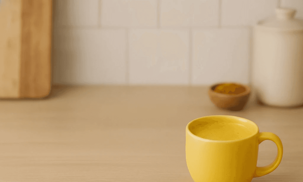yellow ceramic mug on brown wooden bench