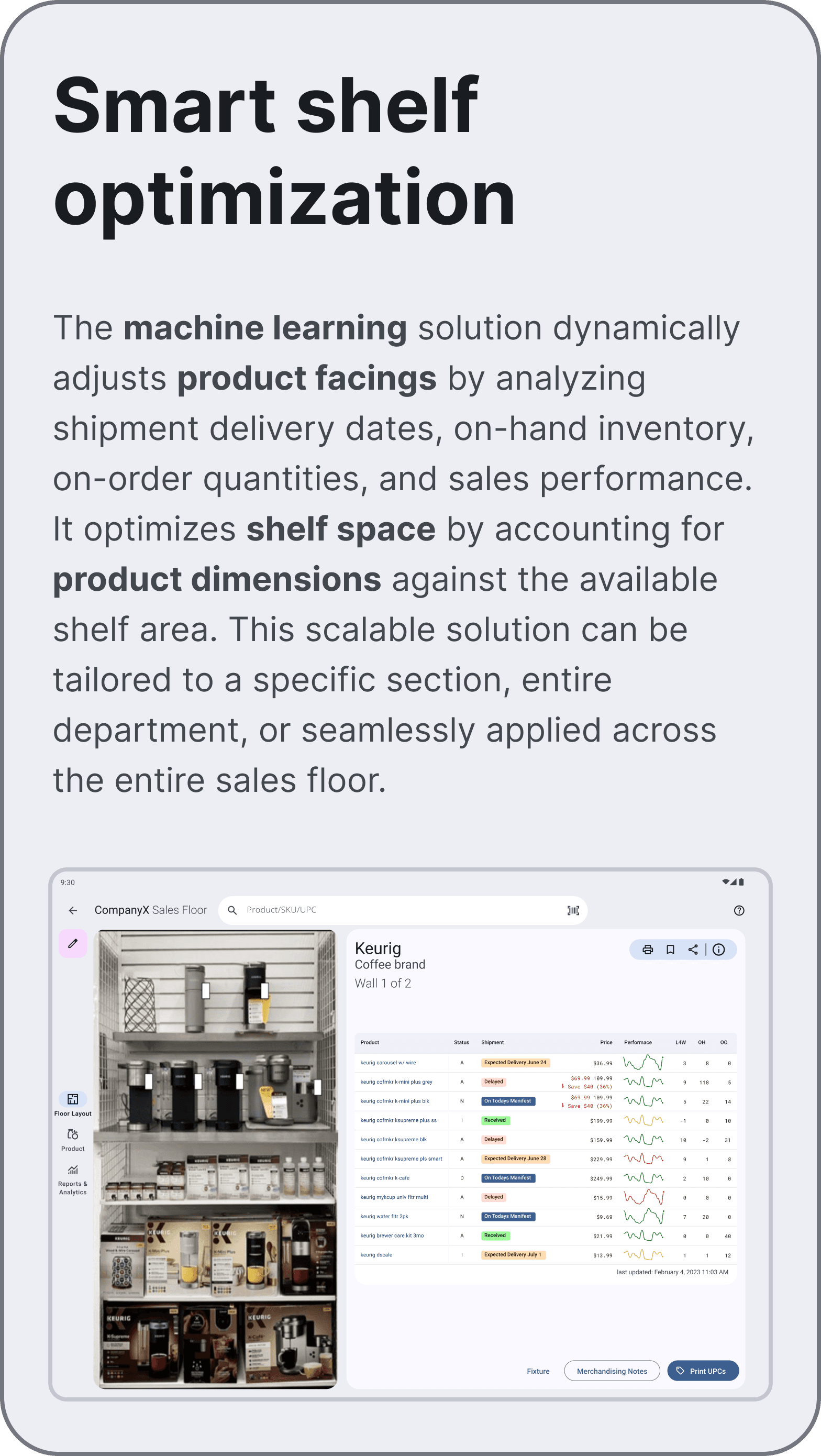Tablet interface showing a Keurig coffee display alongside a data table of shipment dates, sales graphs, and inventory optimization metrics.