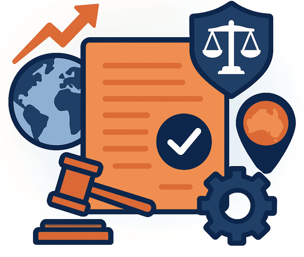 Flat-style illustration showing legal strategy for international ecommerce expansion, featuring a globe, legal documents, checklists, scales of justice, and region-specific icons representing EU and U.S.A. market readiness.