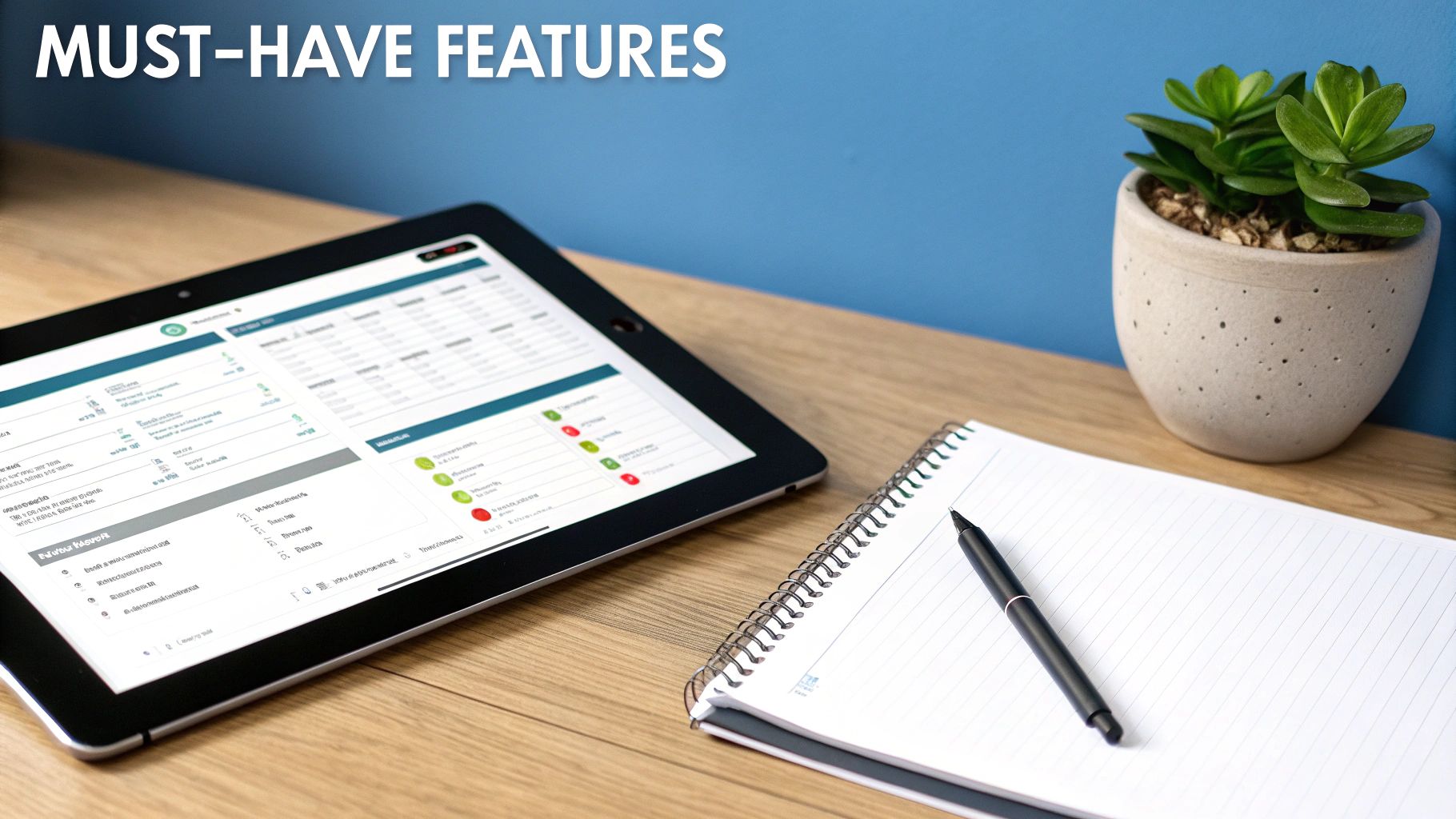 Close-up of a tablet displaying must-have features of a booking system, with a notebook and pen.