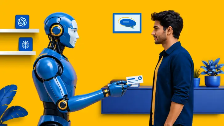 Blue robot giving a health card to a man, illustrating AI in patient care.