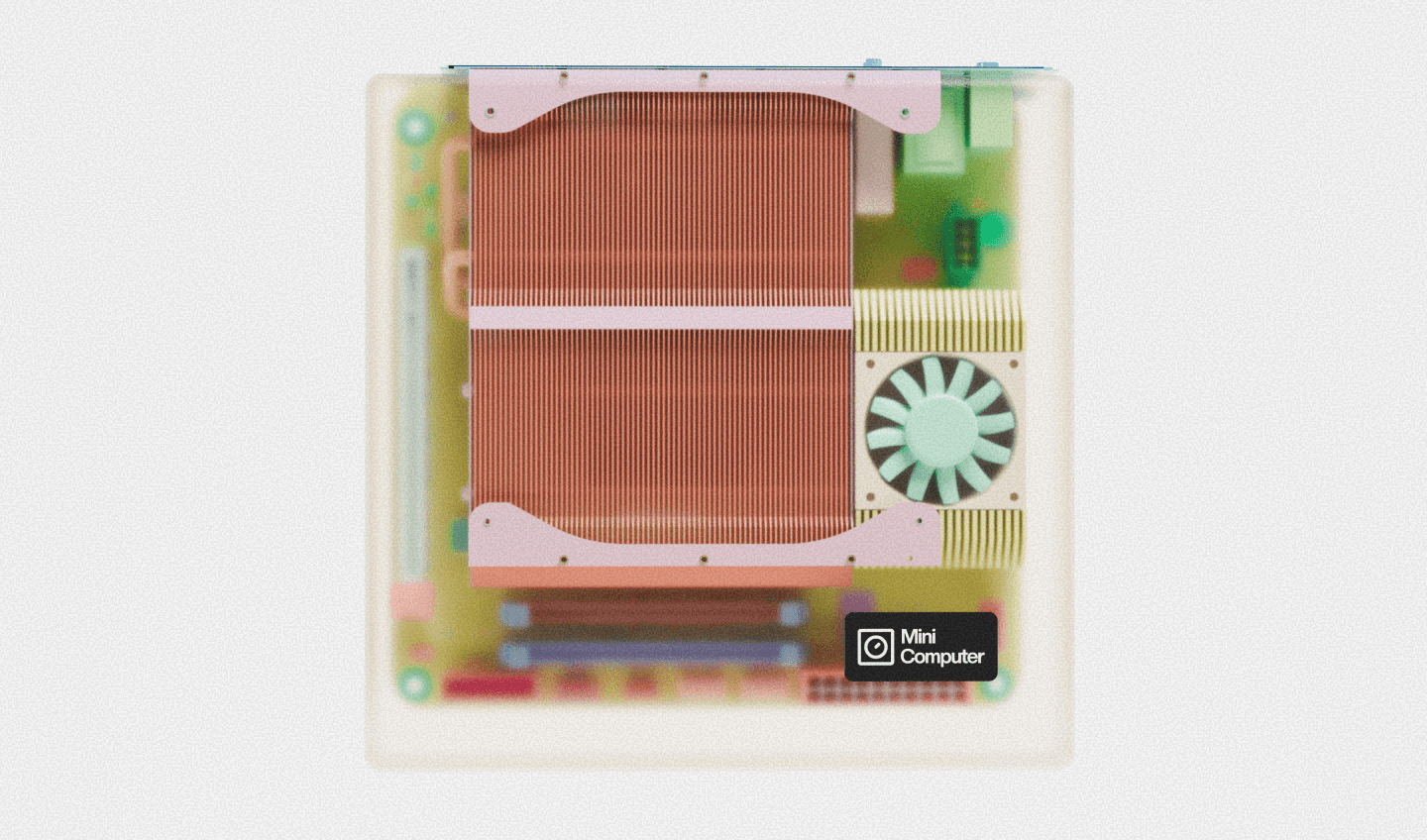 Minimal computer hardware render featuring exposed components and translucent materials.