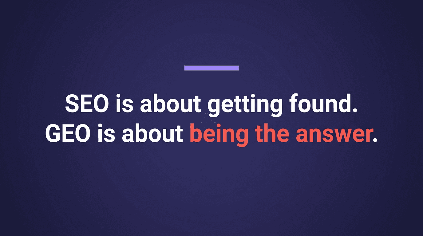 Pull quote on a deep purple background reading SEO is about getting found, GEO is about being the answer