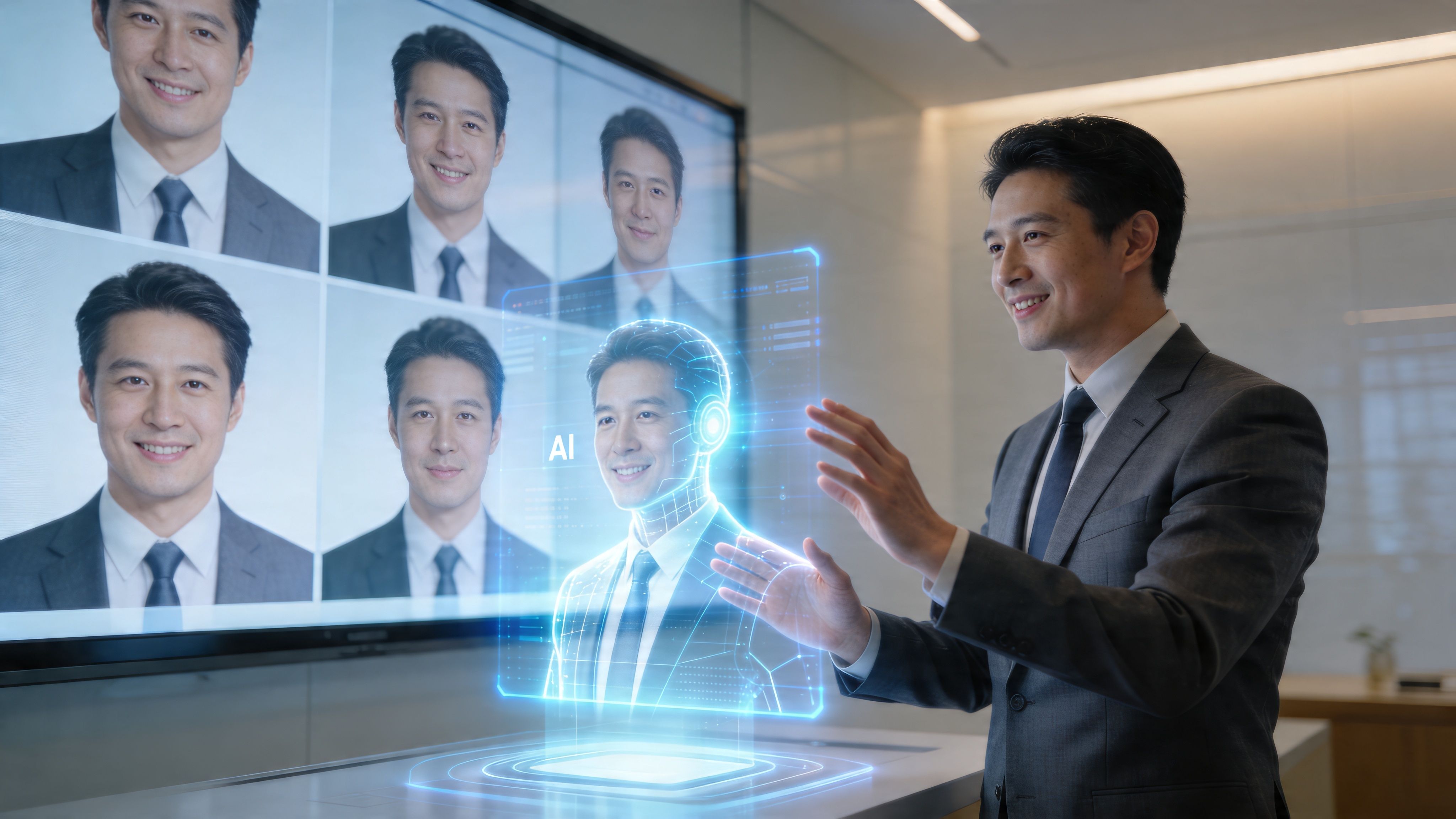 Ein Geschäftsmann interagiert in einem modernen Büro mit einer holografischen KI-Projektion seines eigenen digitalen Abbilds.
