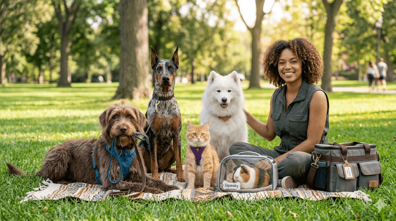 pet groomer and pets (3 dogs and one cat)