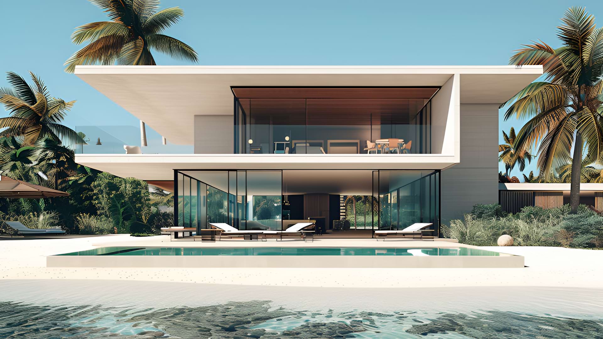 Modern beachfront villa with large glass windows, surrounded by palm trees. The villa has multiple loungers by an infinity pool, conveying a tranquil, luxurious ambiance.