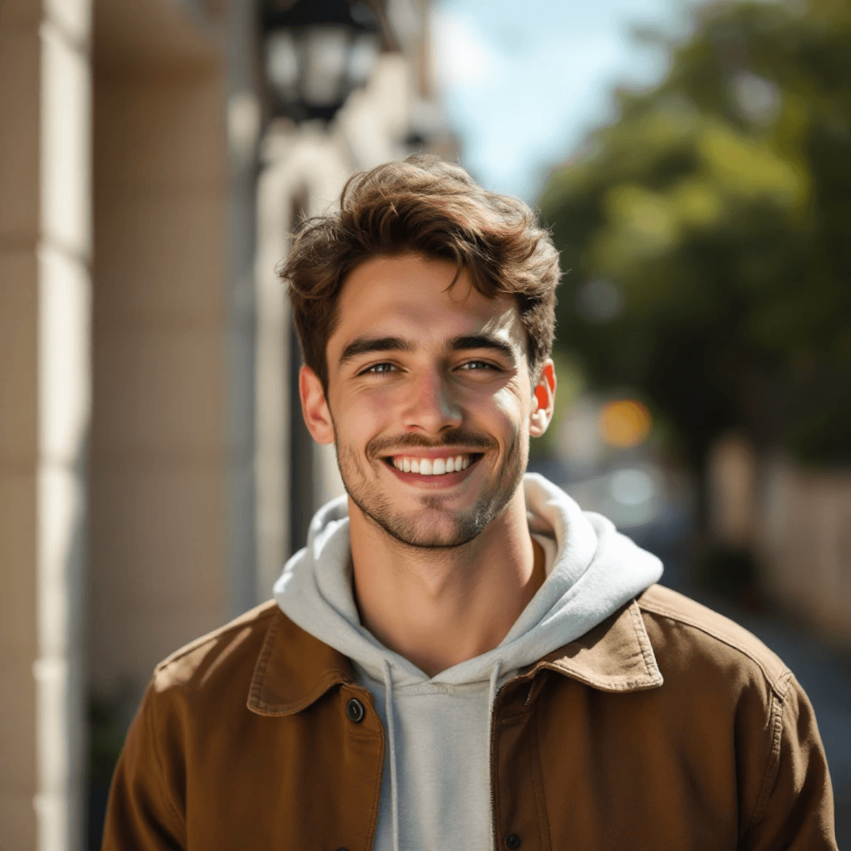 Smiling young man in casual jacket and hoodie standing outdoors on sunny city street