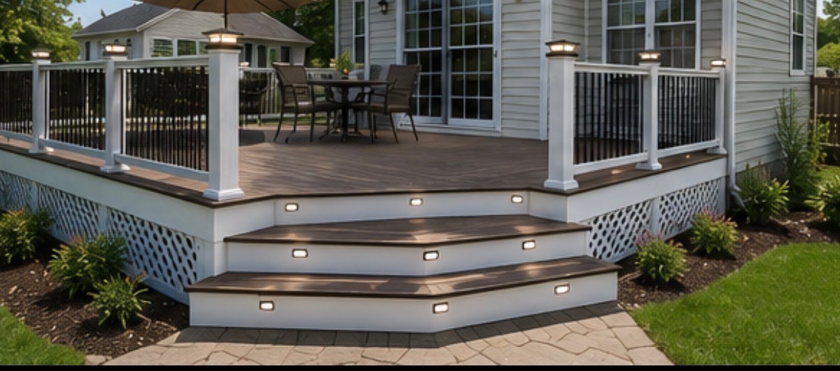 Finished backyard deck with seating and railing