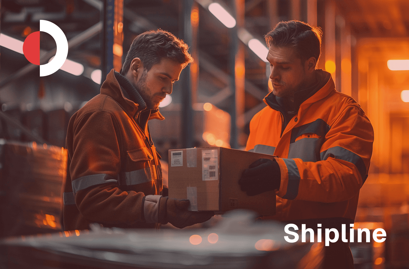 Courier workers handling packages in warehouse with Shipline branding