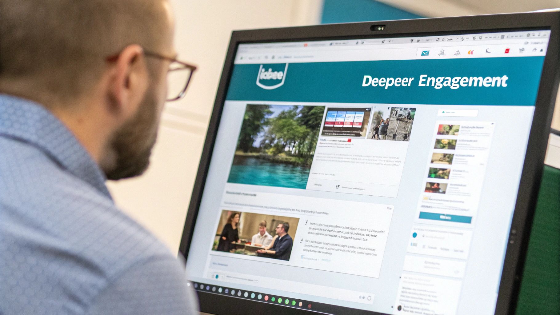 A professional woman looking at data on a large screen, representing LinkedIn engagement analytics.