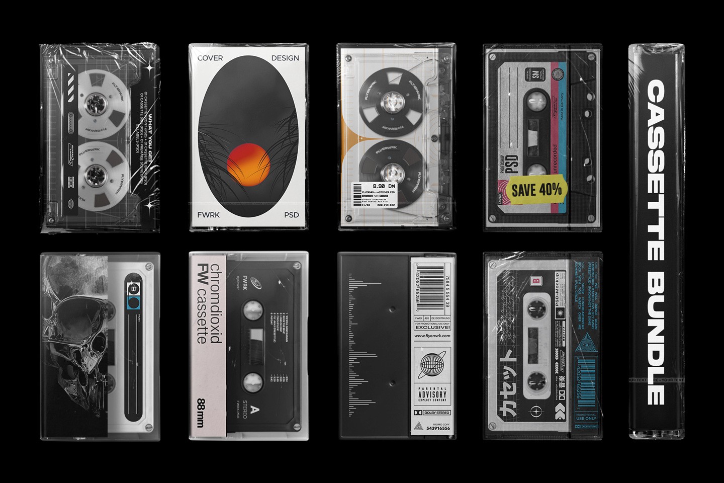 Comprehensive overview of the Cassette Case Mockup Bundle including sealed, classic, and vintage editions.