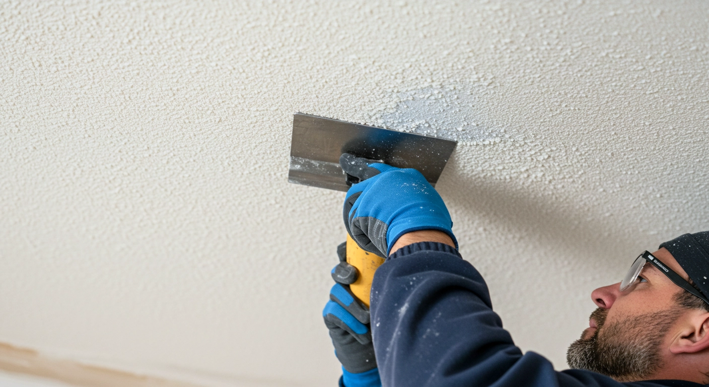 Close-up of a professional technician carefully scraping popcorn texture from a ceiling while using specialized tools and wearing protective equipment