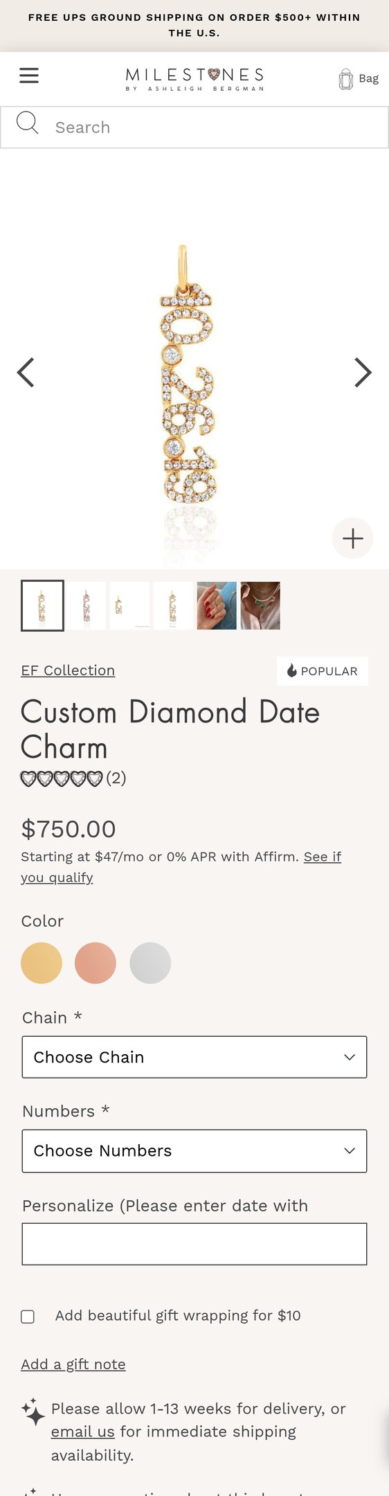 Jewelry product options include: pendant, chain for Custom Diamond Date Charm from Milestones by Ashleigh Bergman.
