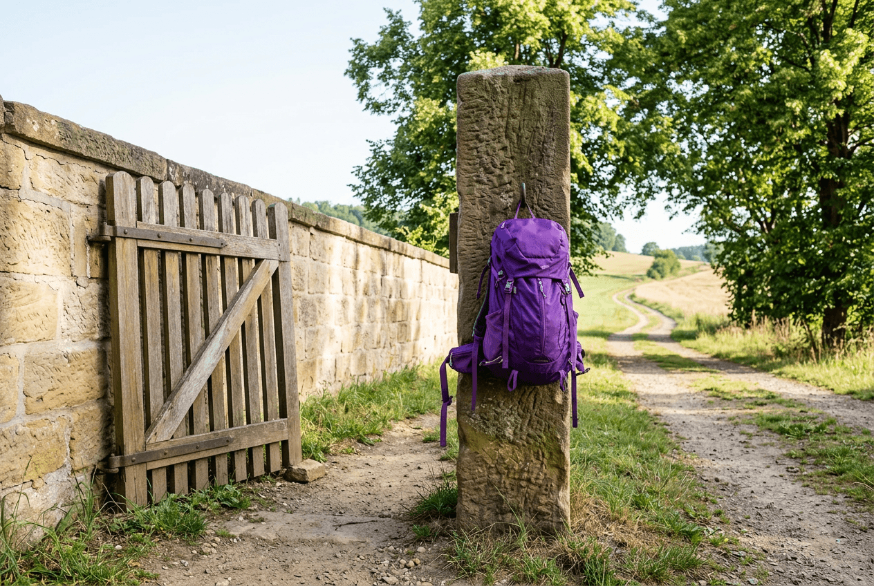 Ein Grenzstein am Wegrand, das Tor dahinter ist ausgehängt und lehnt an der Mauer.