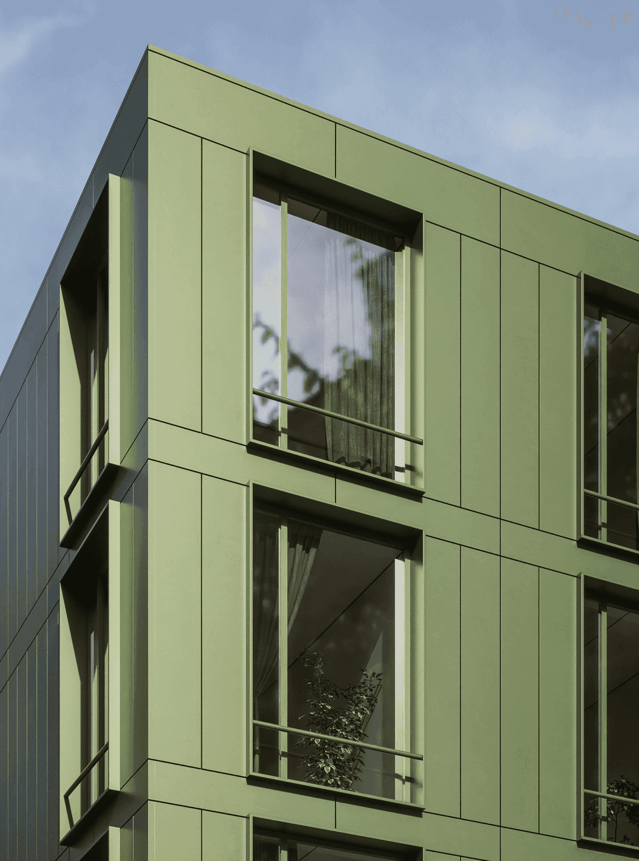 Child walking on a wooden beam with a large tree and swing nearby in a courtyard of modern wooden houses, while another person adjusts a bicycle.