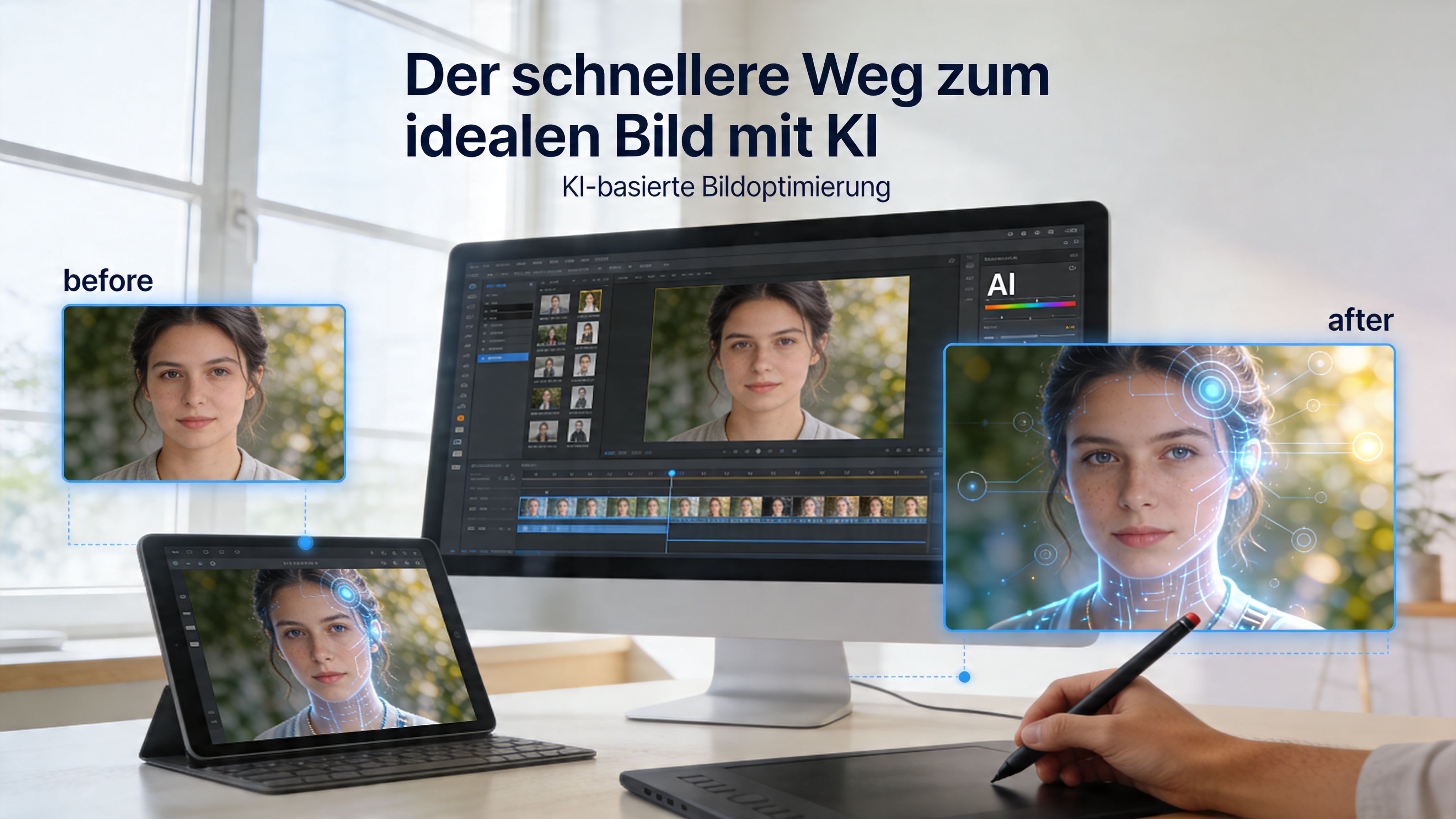 Ein Computerbildschirm und ein Tablet zeigen die KI-basierte Bearbeitung eines Porträtfotos für ein professionelles Profilbild.