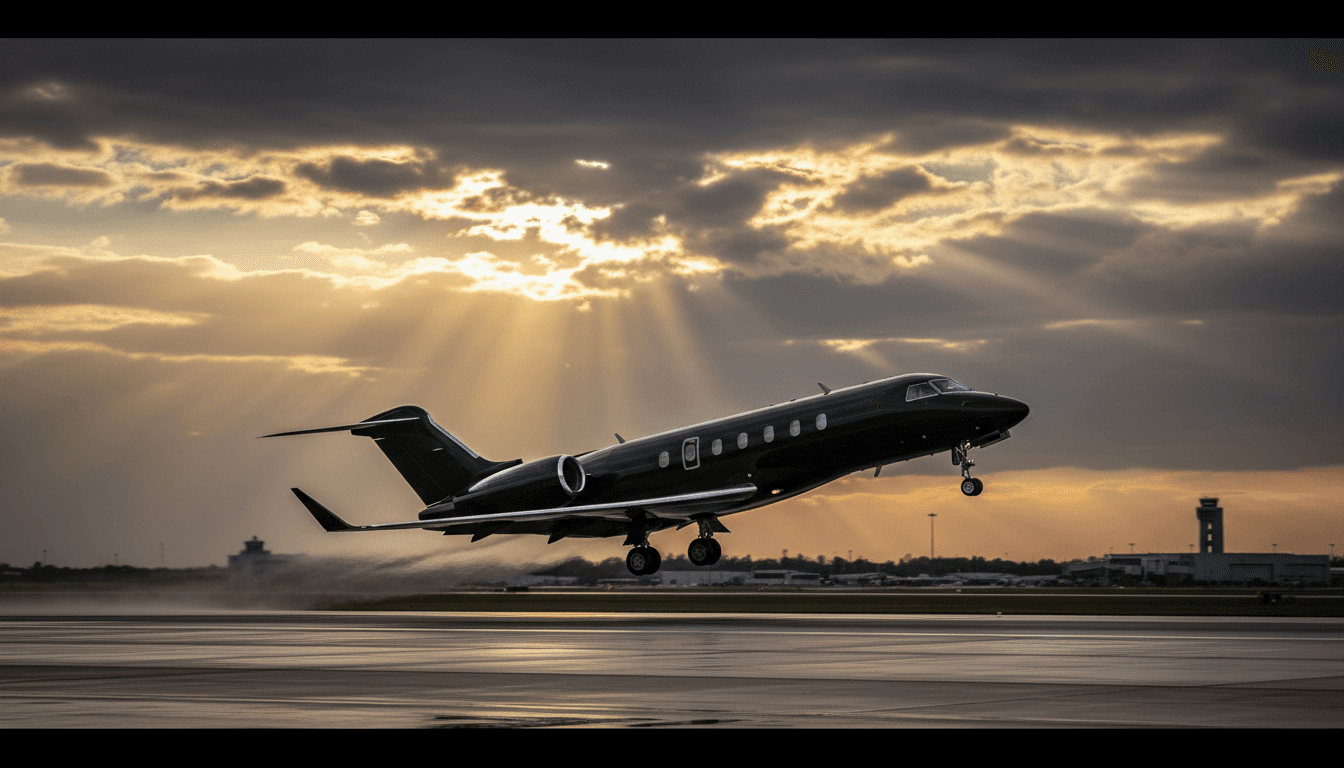 A private jet lifting off a still-wet runway into a clearing dawn sky after a typhoon passes — the journey resuming the moment the weather window opens