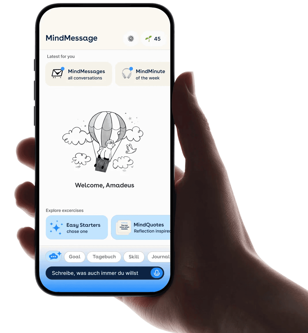 MindMessage app home screen on a phone