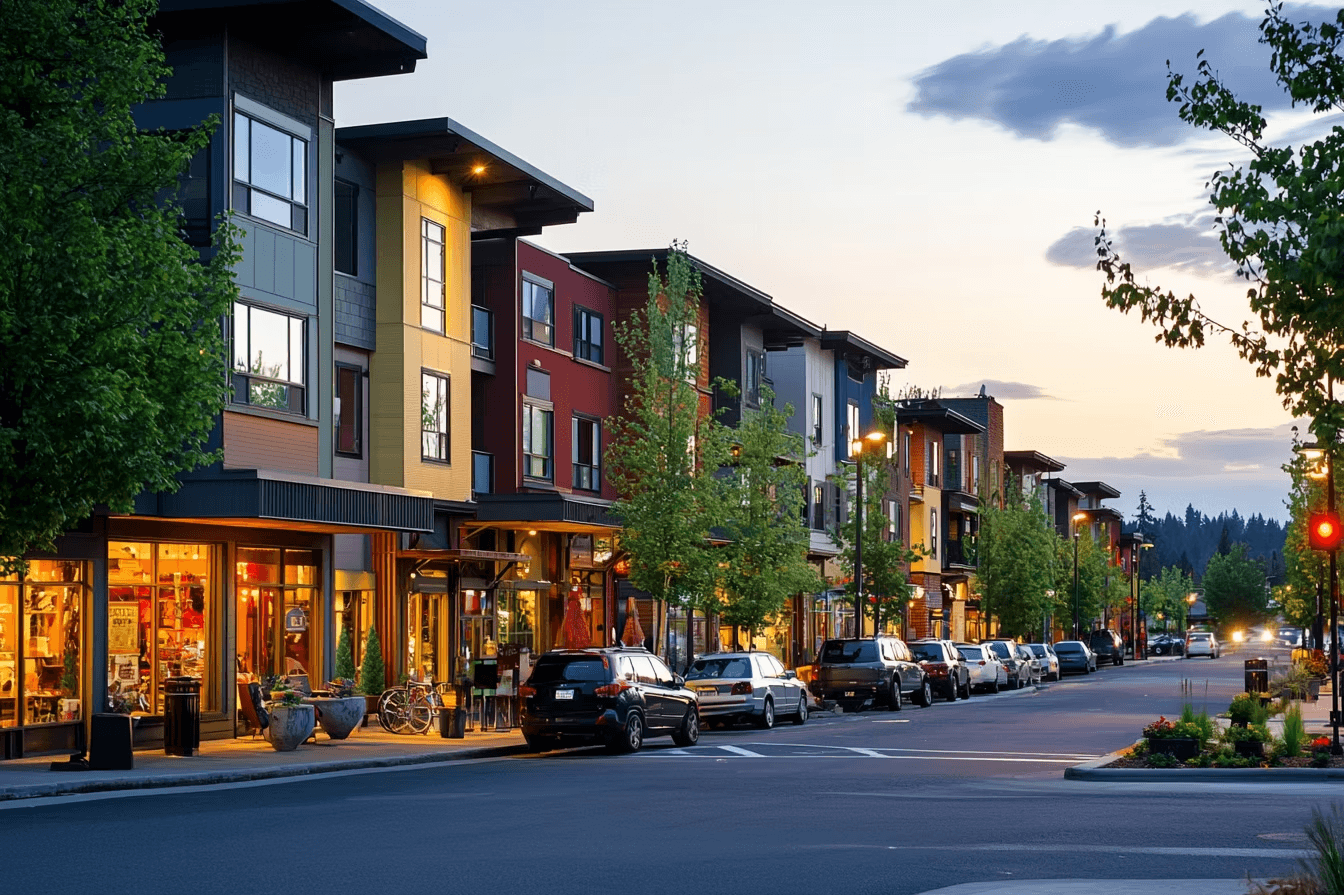 Modern street scene at dusk with colorful buildings, parked cars, lit shop fronts, trees lining the sidewalk, and a warm, peaceful atmosphere.