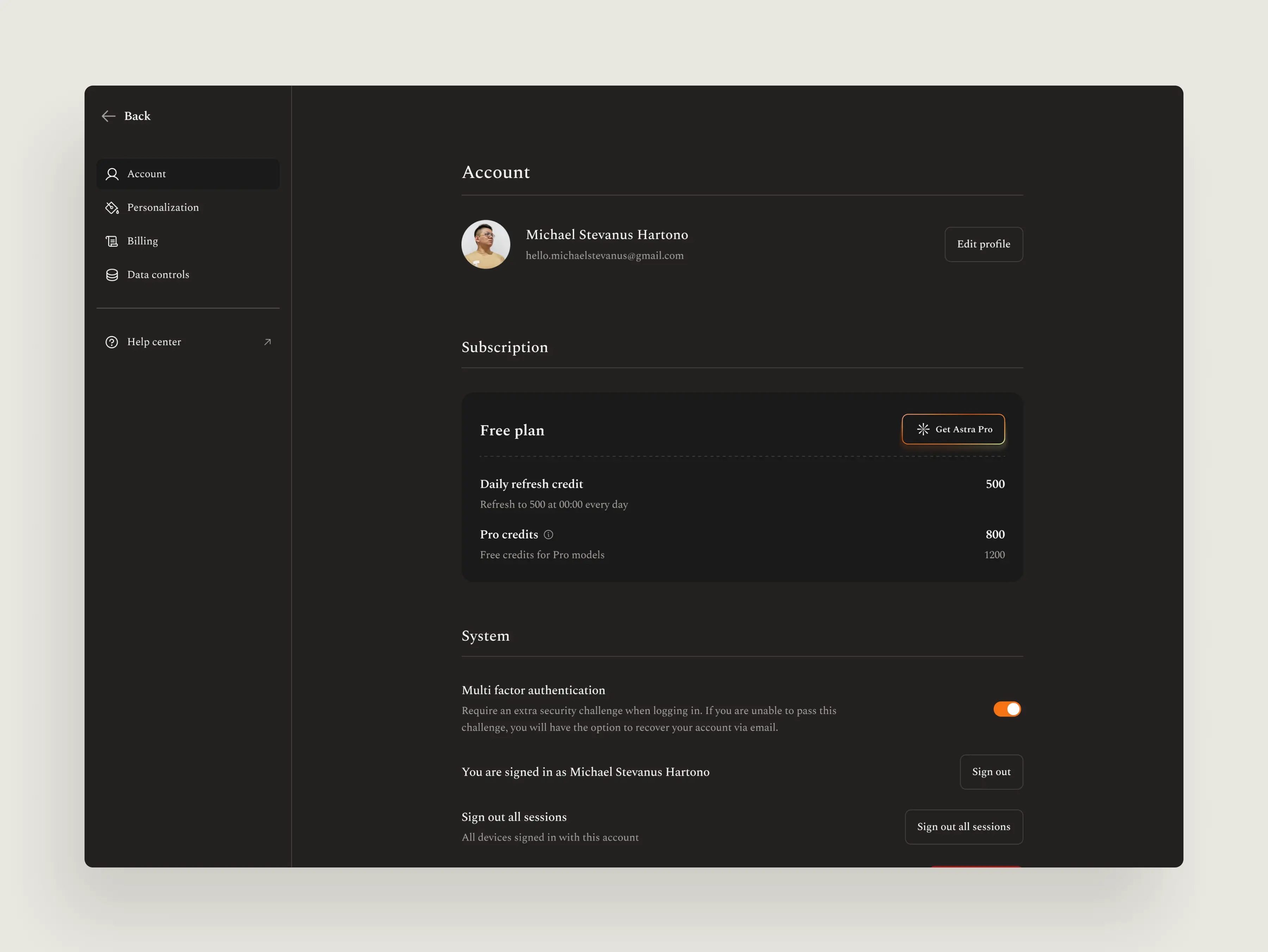 Exploration - Astra AI account page