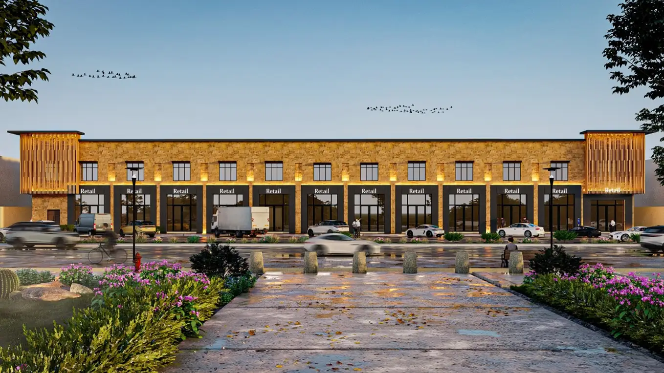 تصميم مجمع العضيبي السكني التجاري بحي المنصورية بالرياض: واجهة المعارض التجارية — من أعمال أركان العز