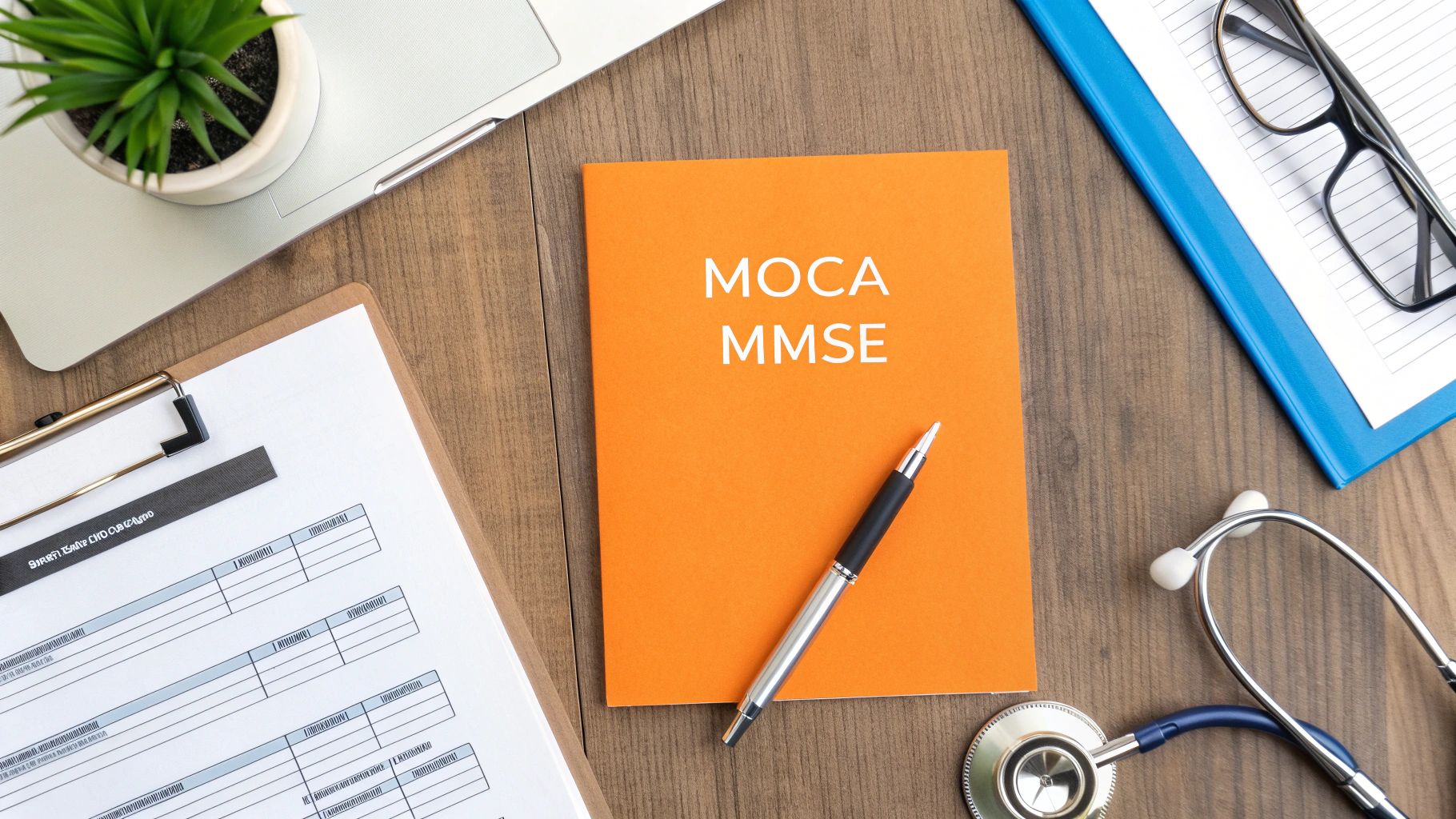 Overhead view of a medical desk with an orange notebook titled 'MOCA MMSE', a stethoscope, and patient forms.