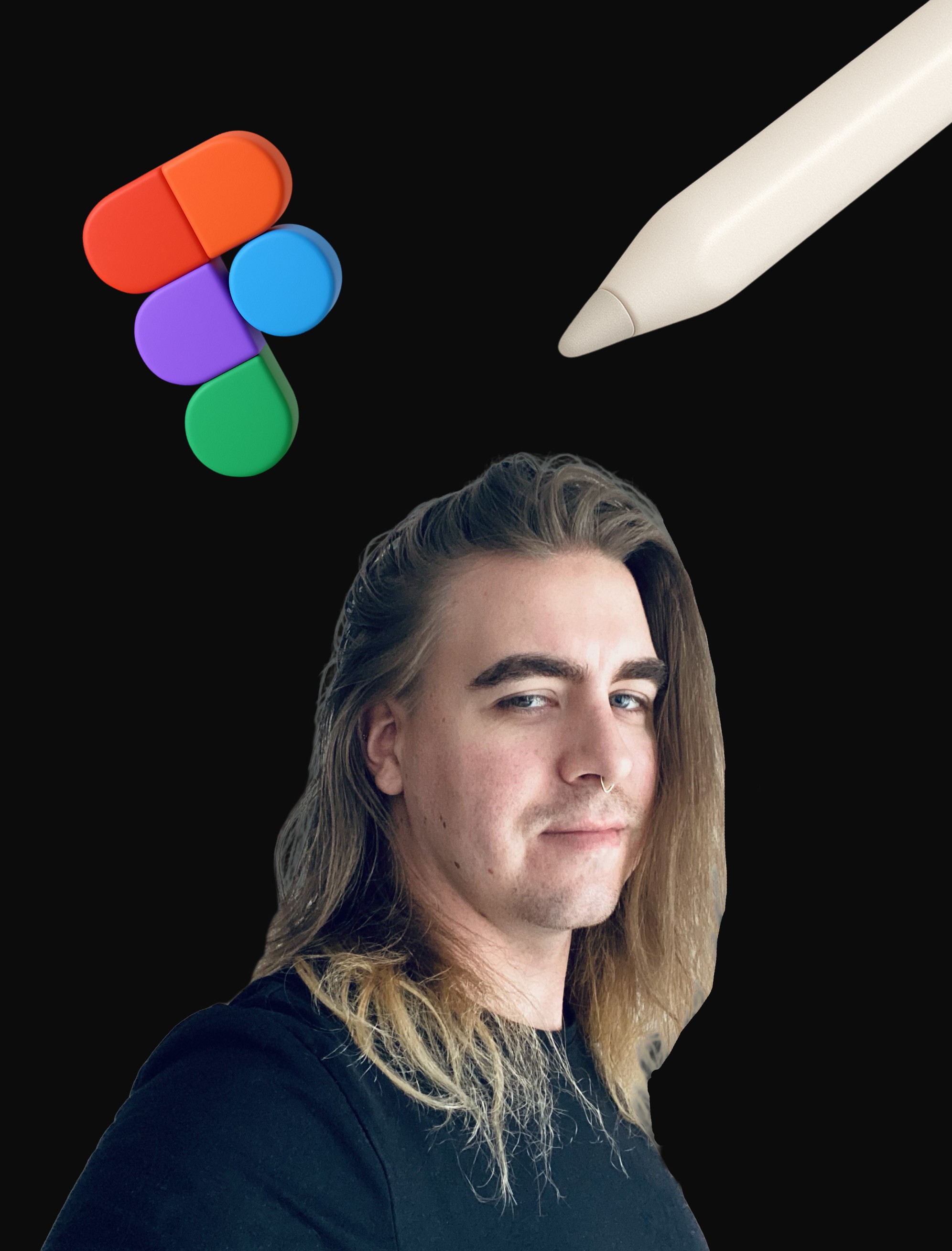 A cutout of John against a black background of the website. Wearing long hair open and a black t-shirt.