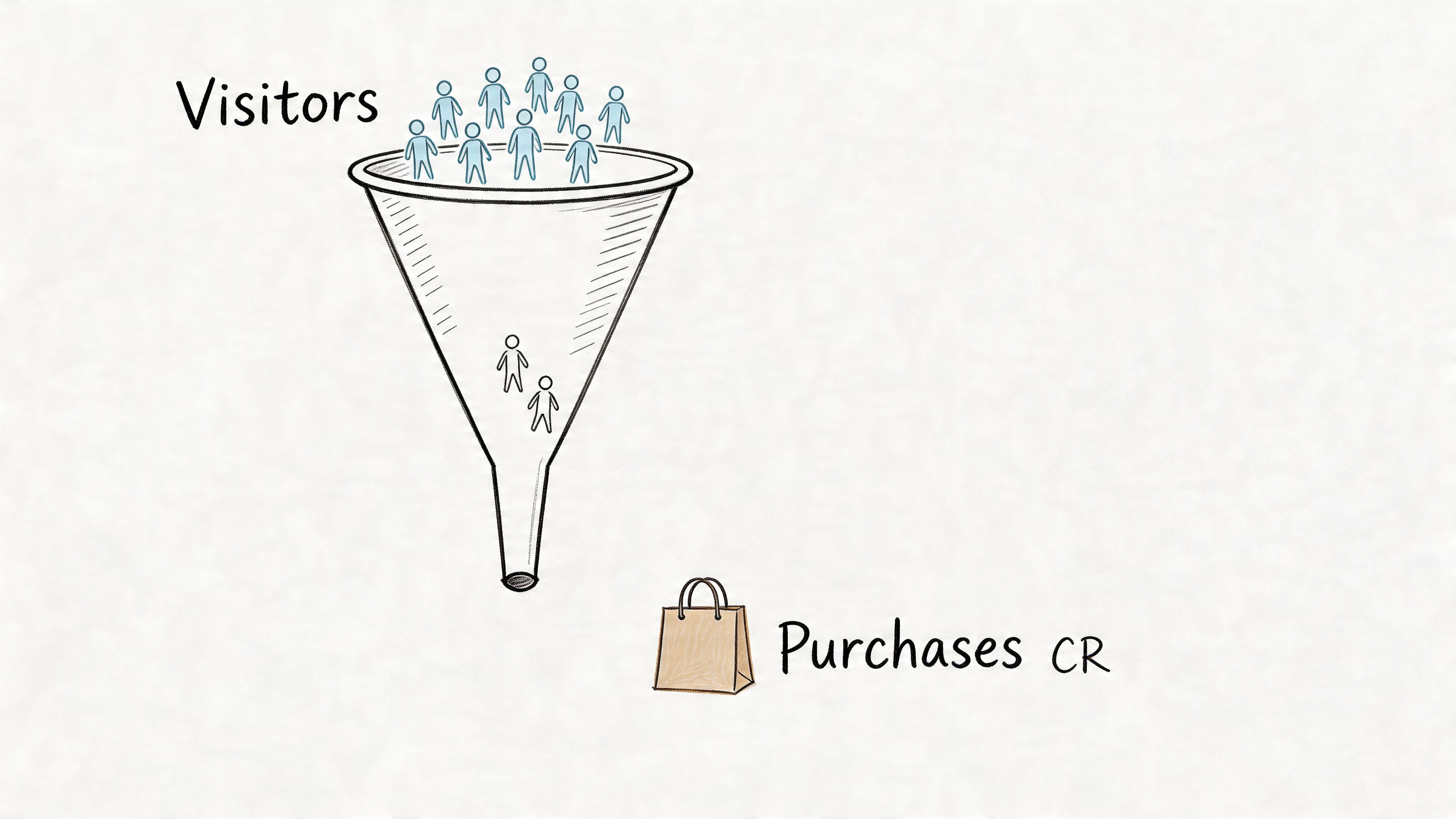 A hand-drawn illustration showing a funnel filtering many visitors down to fewer buyers for e-commerce conversion.
