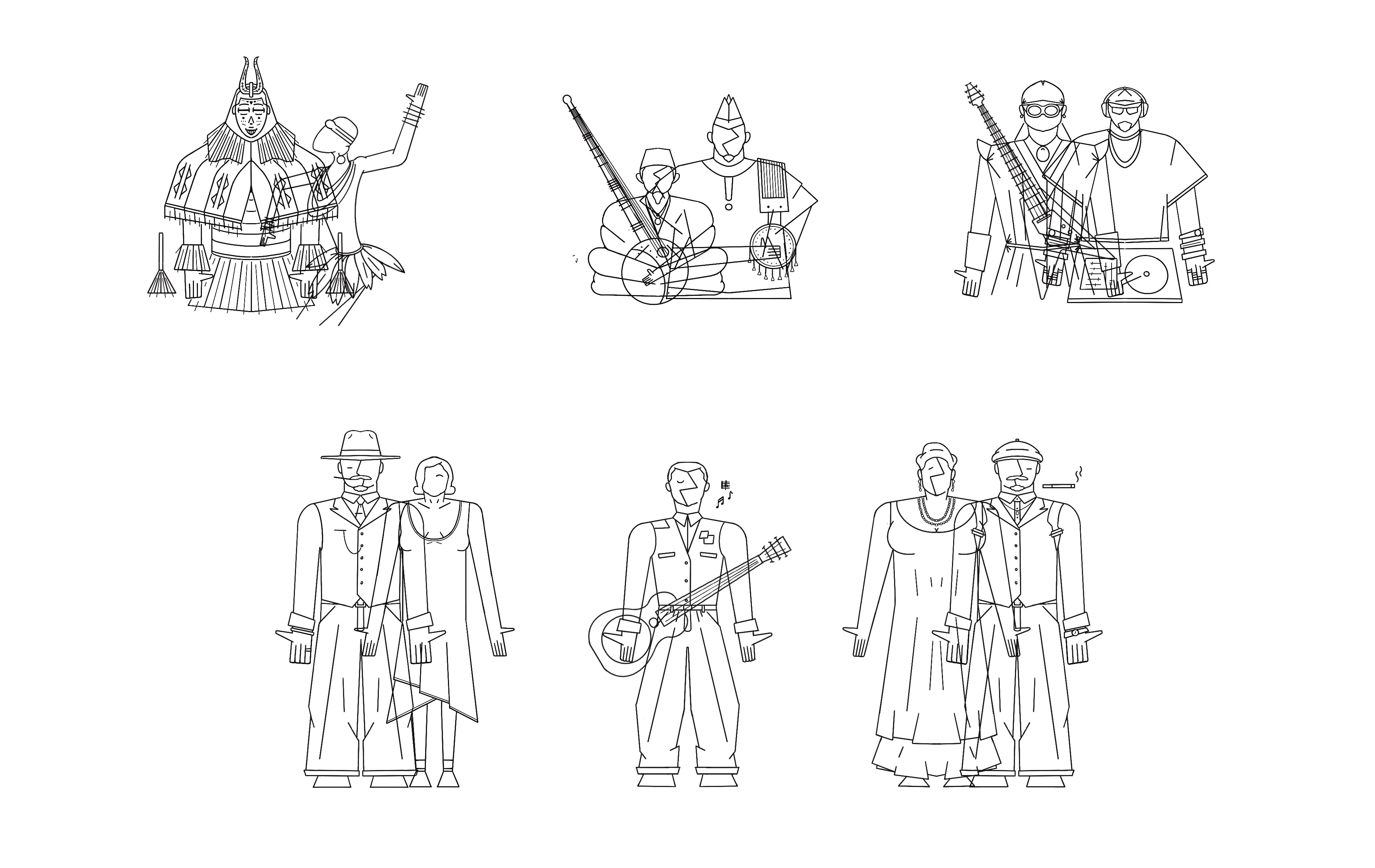 Line work of the main and supporting characters.