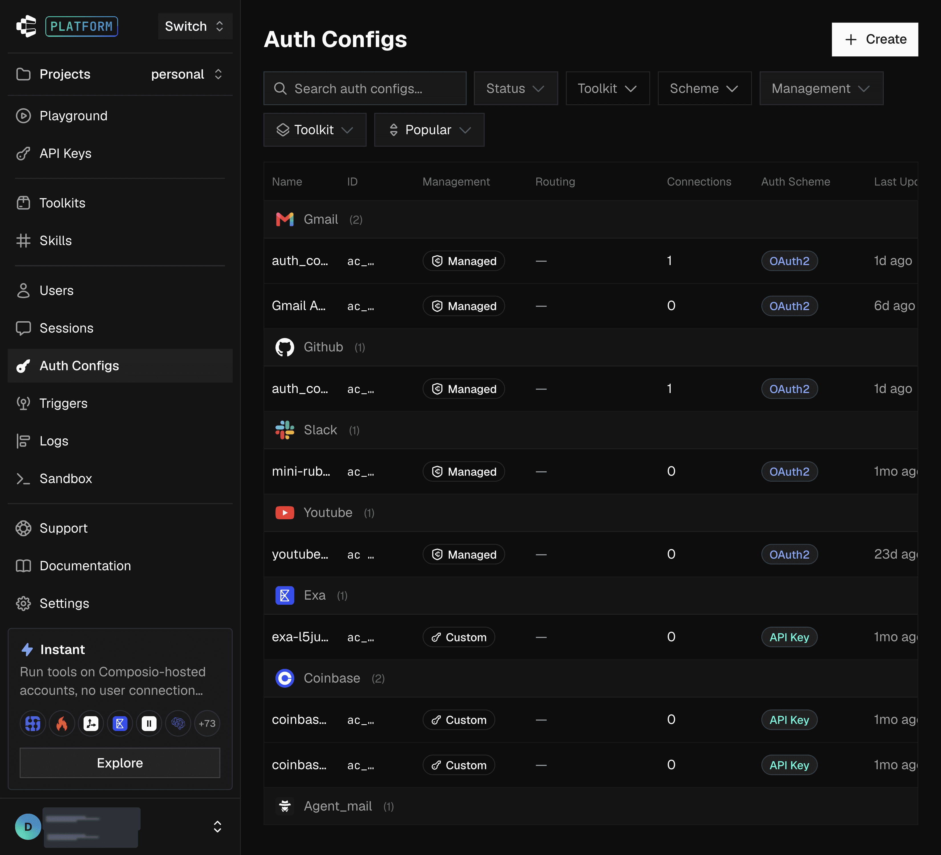 Auth Configs page with the Create button