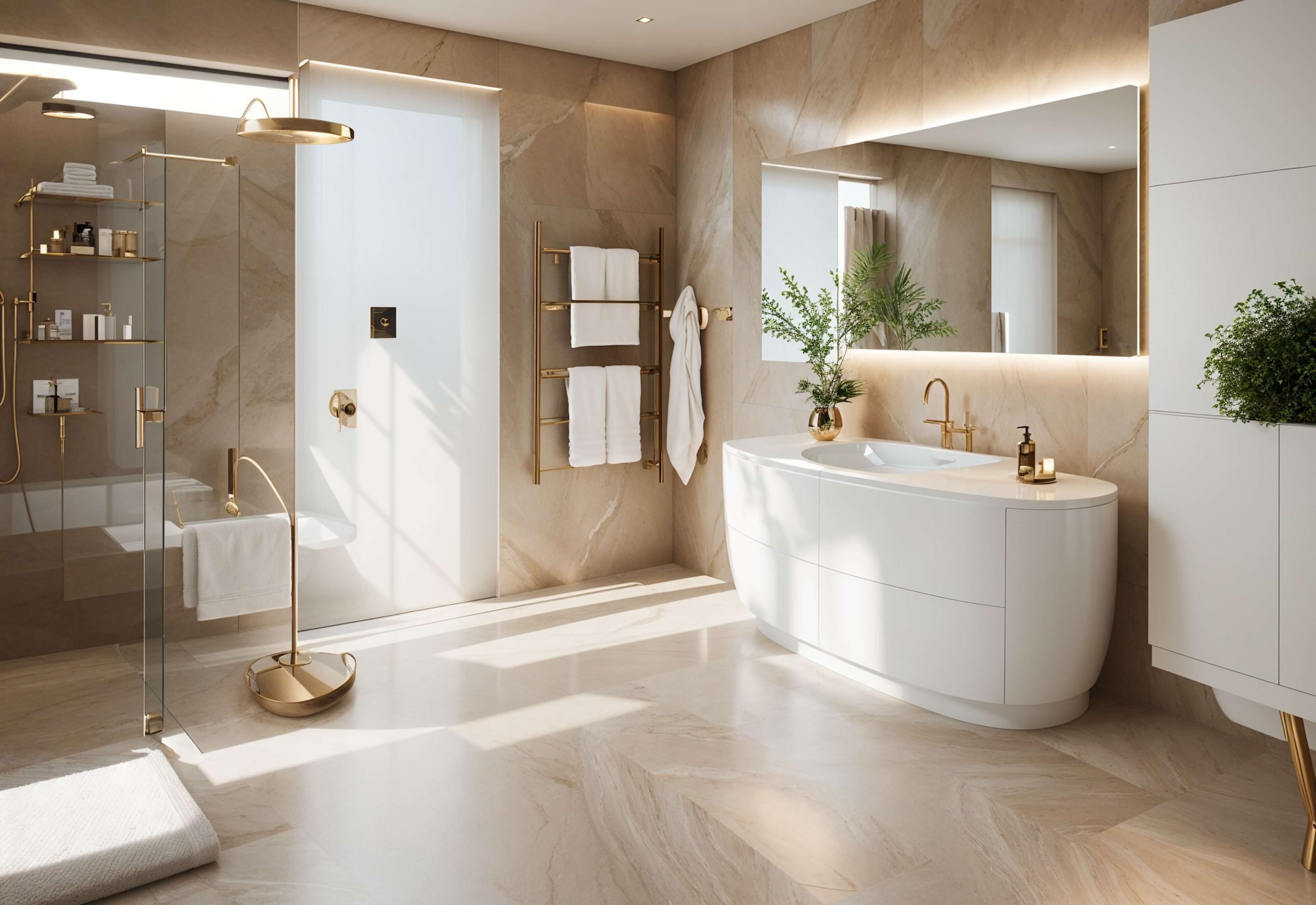 Light-filled yacht bathroom featuring sculptural white vanity, brushed gold fixtures, textured stone walls, and a serene spa-like atmosphere.
