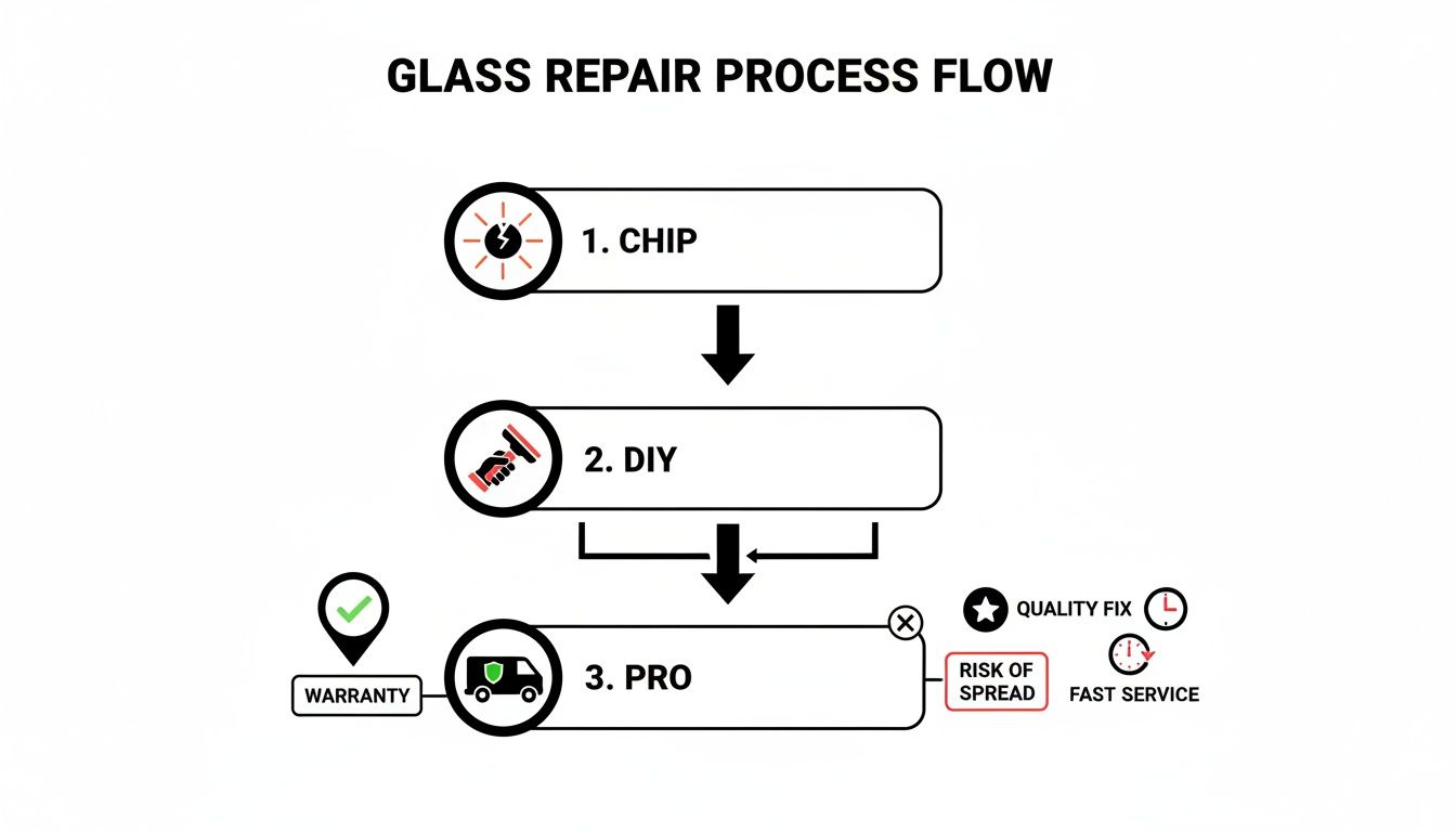 Flowchart illustrating the glass repair process, detailing steps from a chip to DIY or professional repair, with associated outcomes like warranty and risk of spread.