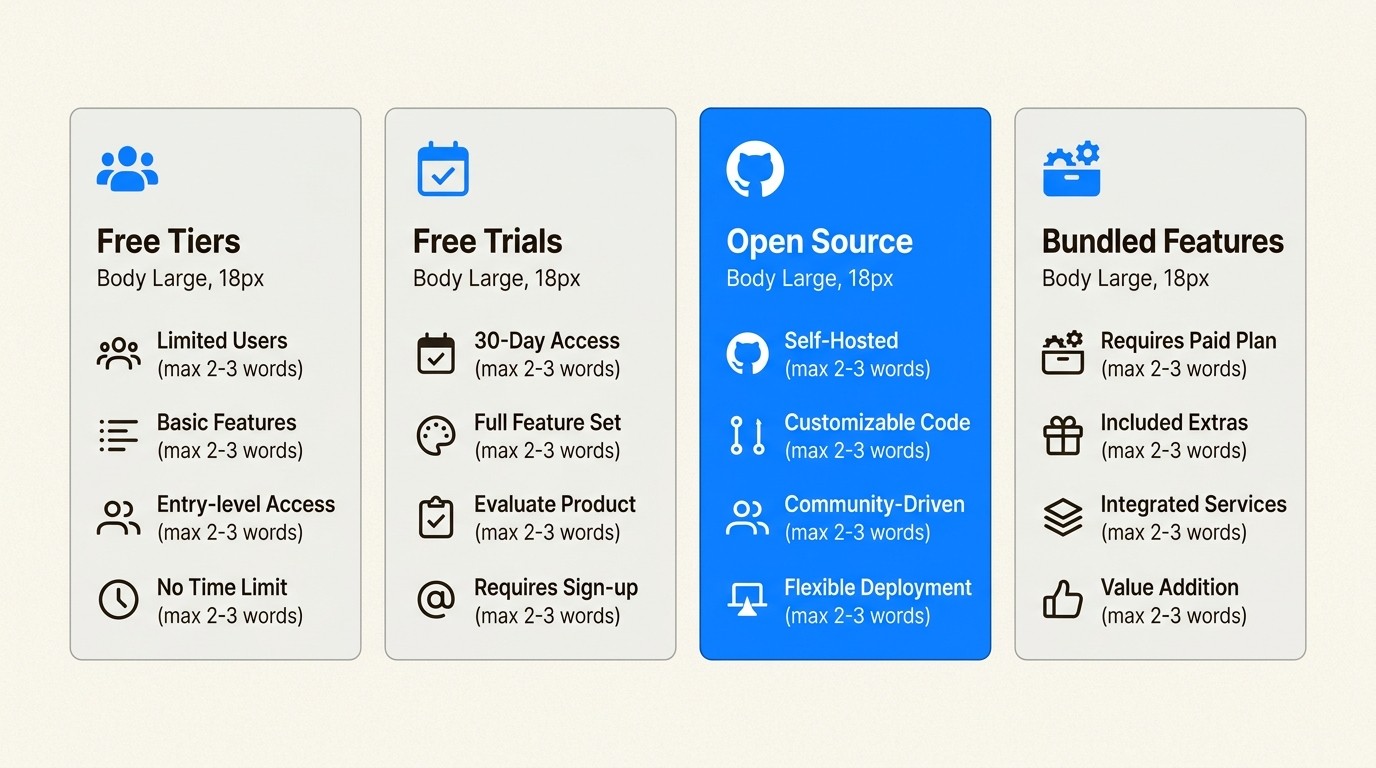 Four free models for Jira asset management showing tiered, trial, open-source, and bundled options.