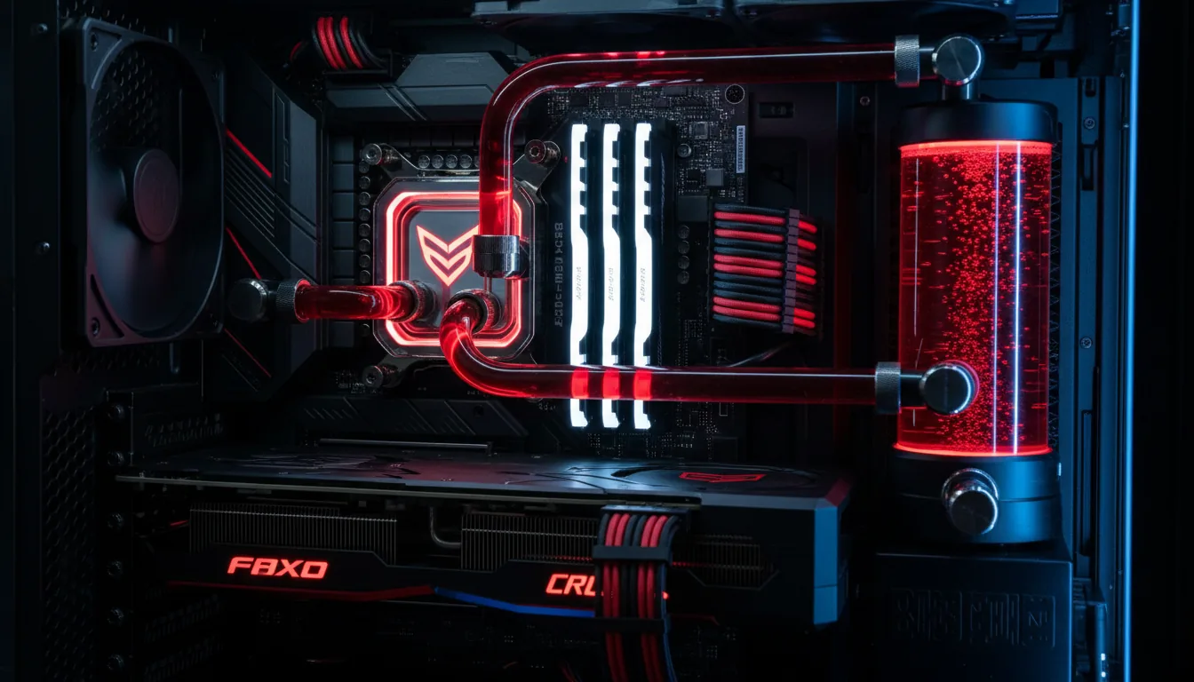 DSLR close-up photograph of a high-performance custom PC built for 3D modeling, featuring an intricate liquid cooling system. Cinematic contrast lighting with vibrant blue and glowing red LEDs illuminating the interior. The central focus is on the custom-bent, hardline tubing filled with a translucent red coolant, which routes between a CPU water block and a graphics card. Four sticks of RGB RAM glow with a soft white light next to the CPU. The motherboard has dark, matte black heat sinks, and neatly organized, braided power cables in red and black are visible throughout. A large cylindrical reservoir with dark red fluid is on the right. Sharp focus, capturing the detailed texture of the complex hardware and brushed metal components.