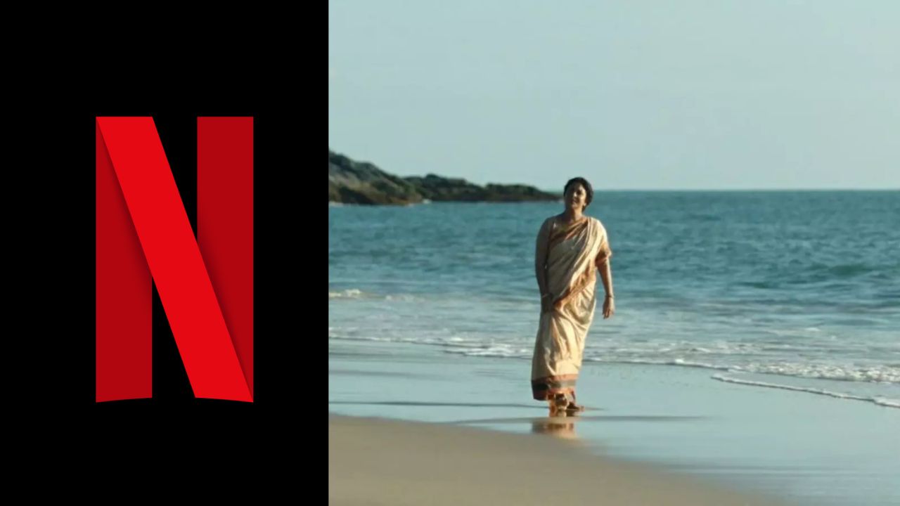 <img src="your-image-url.jpg" alt="Netflix logo and 'The Three of Us' Netflix series featuring a beach scene with a woman standing at the coast of Sindhudurg">