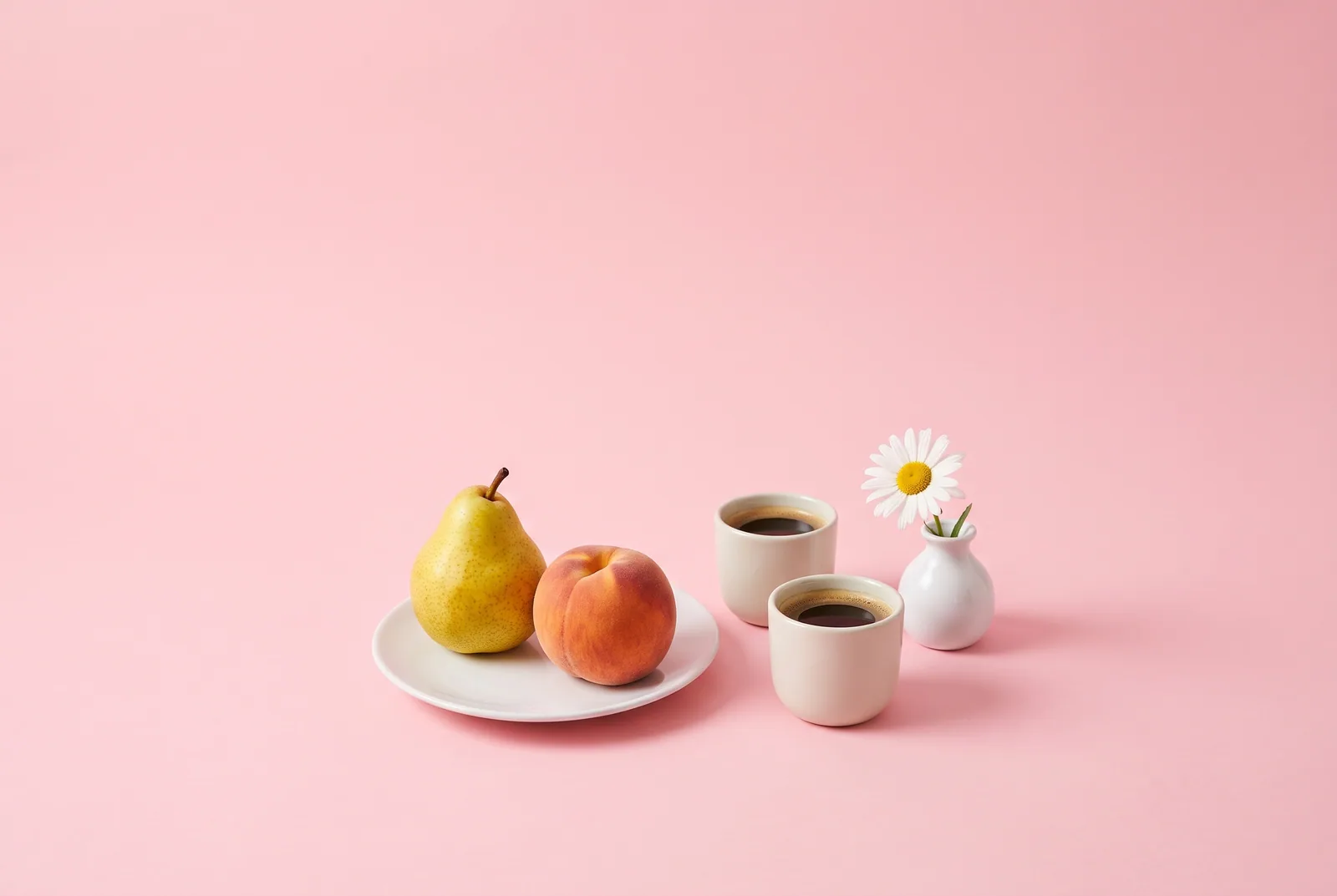 A pear and a peach sharing breakfast with coffee and a daisy, the first 30 days after you tell your wife about porn addiction