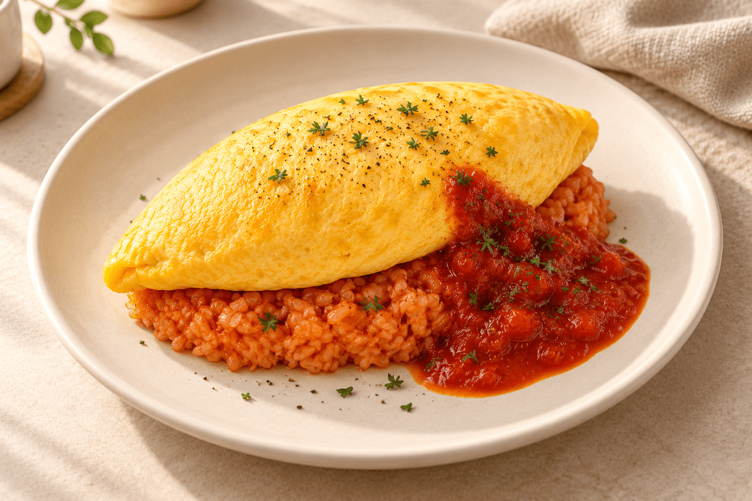 Intact golden omelette over tomato-seasoned rice with tomato sauce and herbs