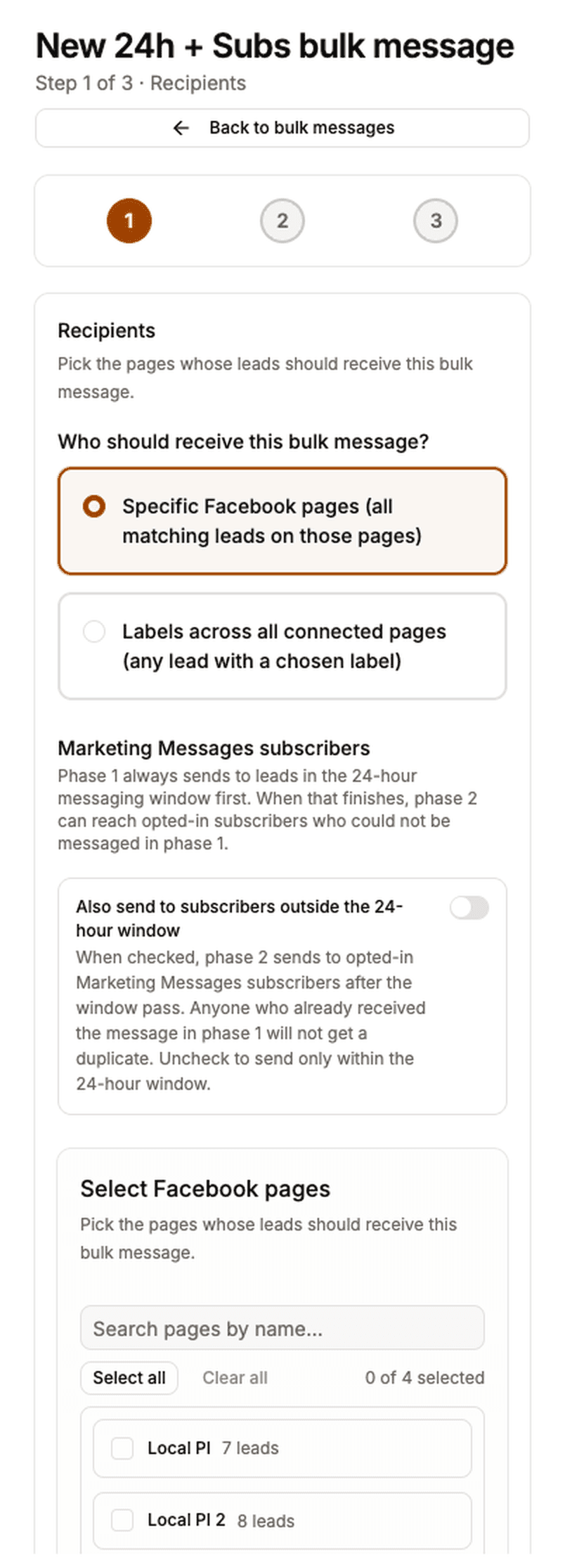 Recipients step of the bulk message wizard, choosing between specific Facebook pages and labels across all pages.