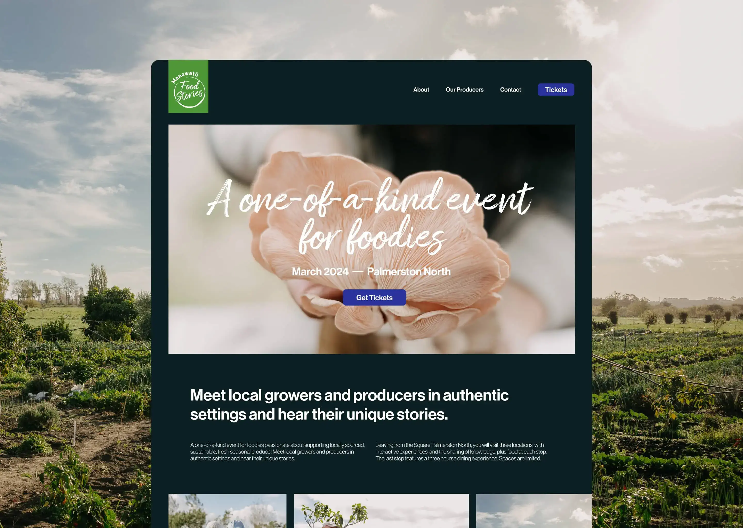 Manawatu Food Stories website homepage on organic garden backgorund.