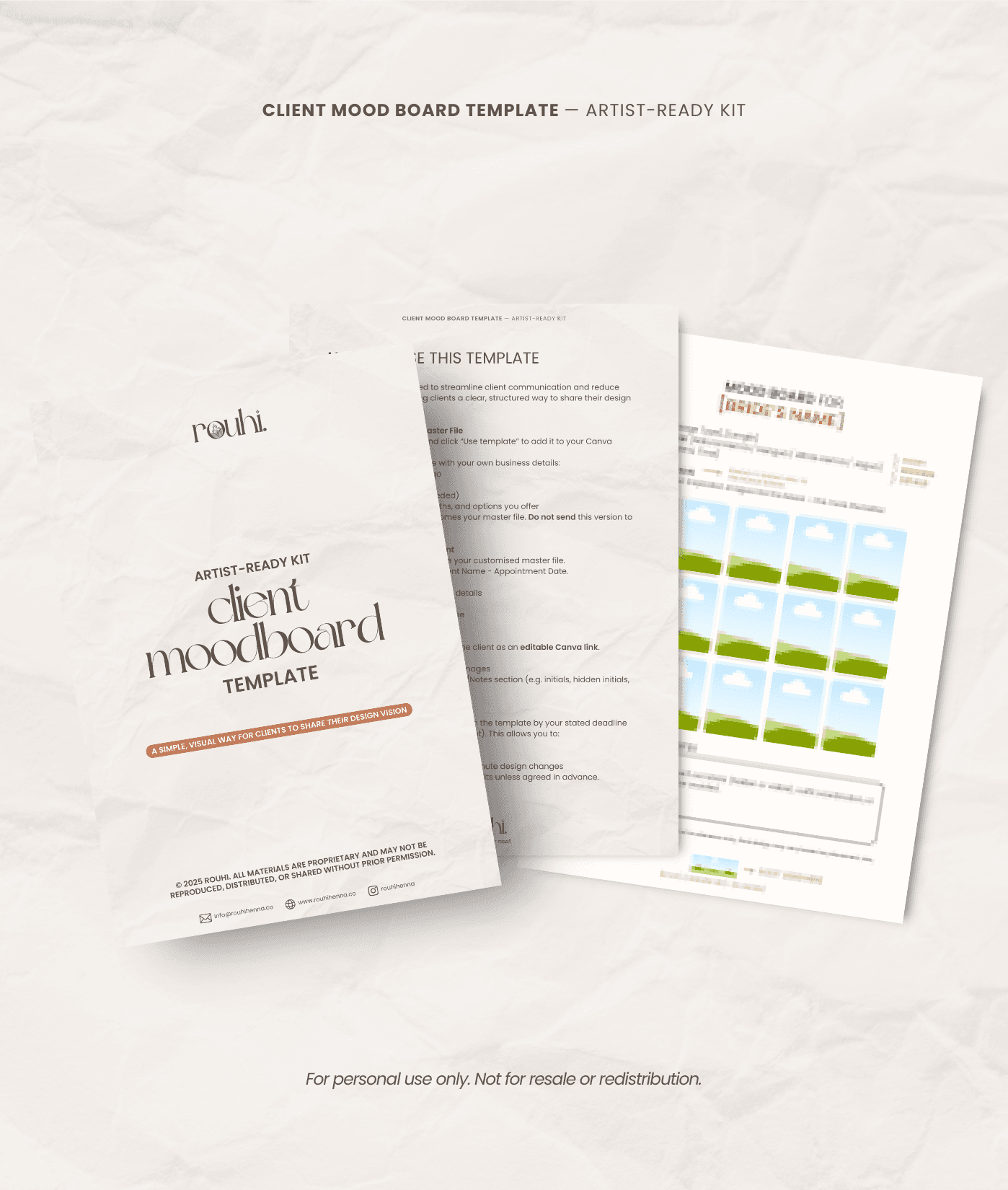 Client mood board template for bridal bookings in Singapore, made by Rouhihenna.