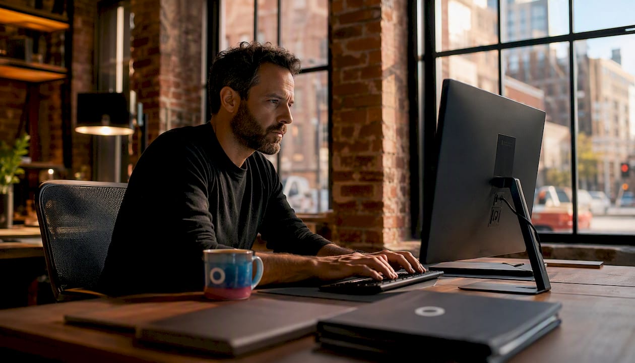 Man managing digital asset versions at desk