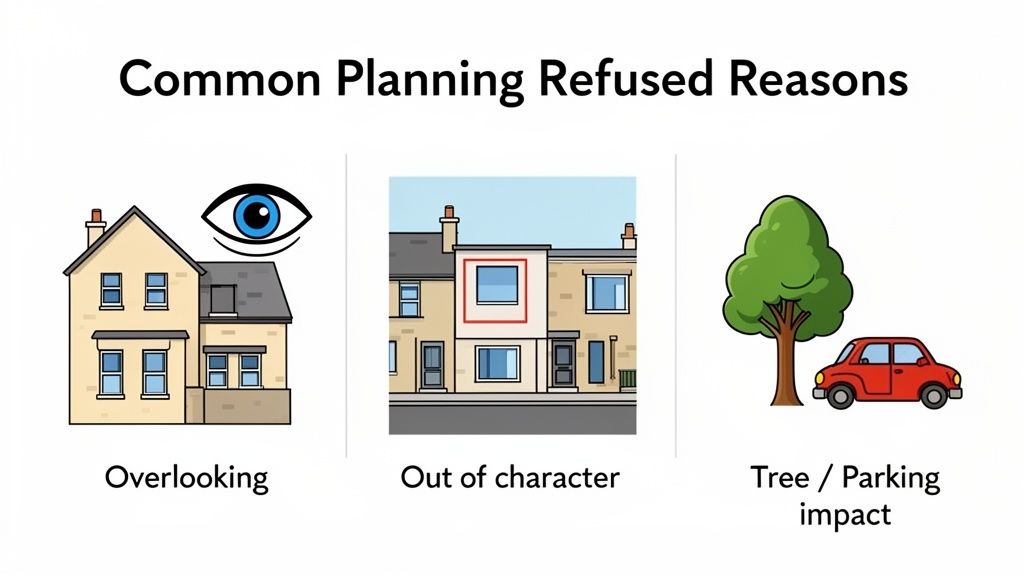 Illustrates common reasons for planning permission refusal, including overlooking, out of character designs, and tree/parking impact.