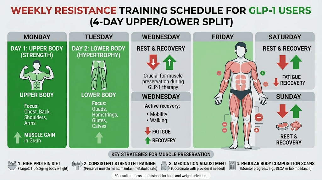 Optimal weekly resistance training split for building muscle on GLP-1 therapy